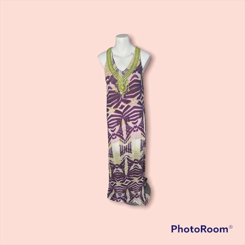 nicole miller artelier dress maxi beaded size 2 purple chartreuse green